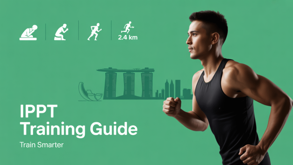 Singapore IPPT Training Guide banner showing a runner and icons of push-ups, sit-ups and 2.4 km run.