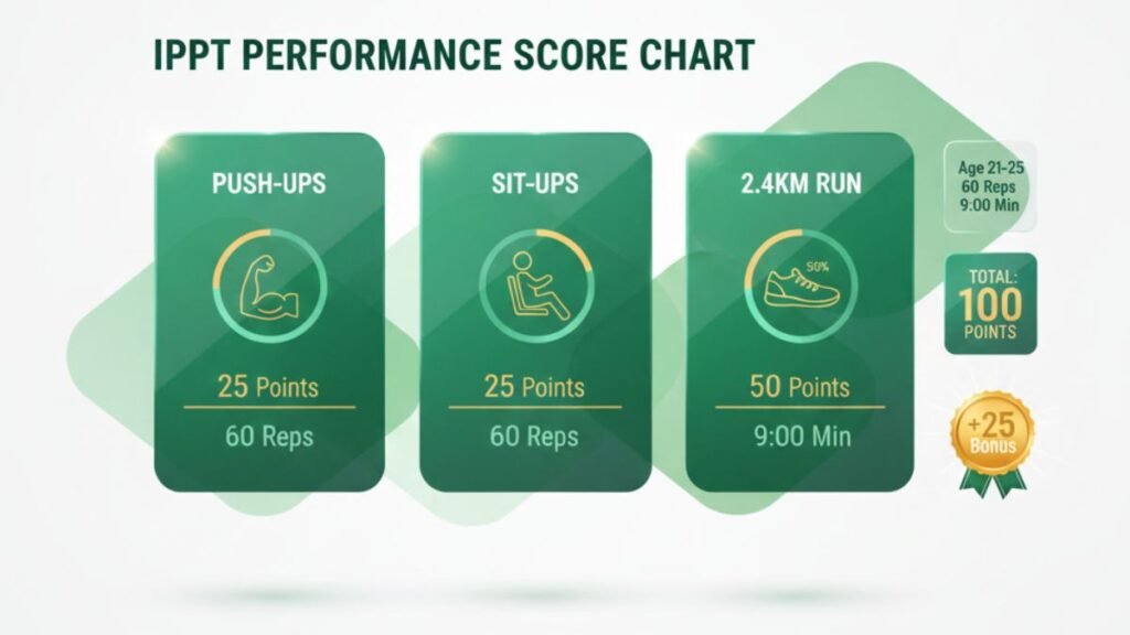 IPPT score chart showing age groups and performance standards for push-ups, sit-ups, and the 2.4 km run.
