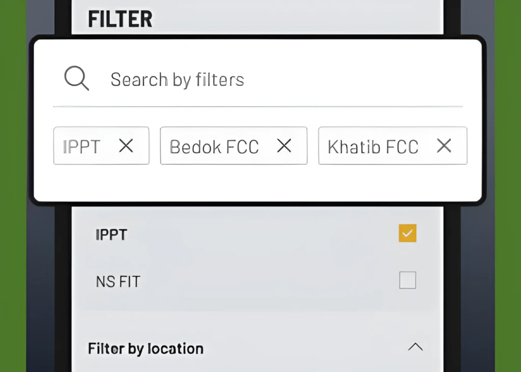 Filter IPPT/NS FIT sessions by location – choose from Bedok FCC, Khatib FCC, or other centers.