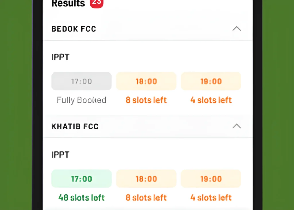 IPPT slots available: Bedok FCC has limited openings, Khatib FCC has more availability for 17:00–19:00.