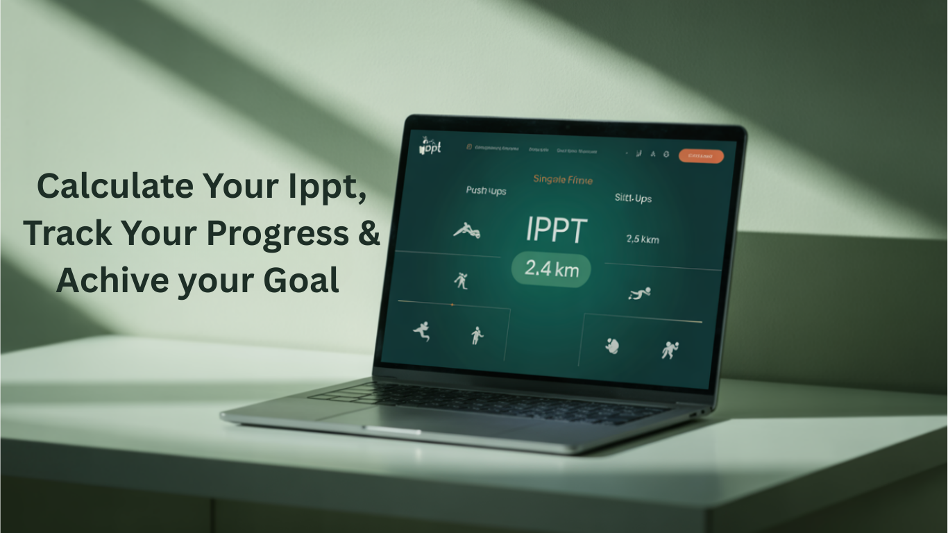 Laptop displaying the IPPT Calculator website with an NSman training in a military field background.